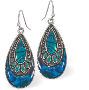 Paua Shell Antique Peardrop Drop Earrings 28mm in size Rhodium Plated, hypoallergenic Nickel, Lead and Cadmium free See Matching Earrings P1446 Delivered in a soft, black, velveteen pouch