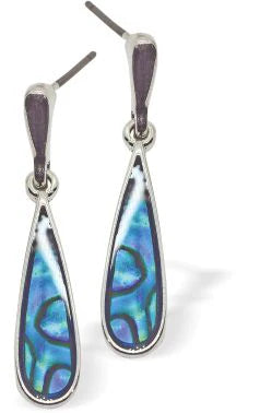 Paua Shell Long Droplet Drop Earrings 20mm in size Rhodium Plated, hypoallergenic Nickel, Lead and Cadmium free Delivered in a soft, black, velveteen pouch
