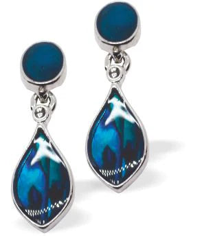 Paua Shell Doubledrop Drop Earrings 24mm in size Rhodium Plated, hypoallergenic Nickel, Lead and Cadmium free Delivered in a soft, black, velveteen pouch