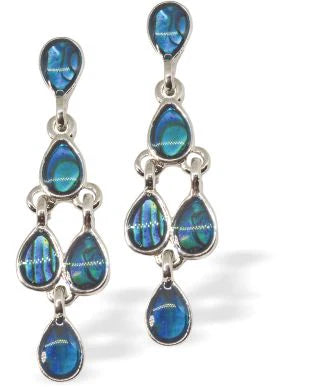 Paua Shell Four Drops Drop Earrings 35mm in size Rhodium Plated, hypoallergenic Nickel, Lead and Cadmium free Delivered in a soft, black, velveteen pouch