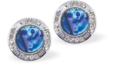 Paua Shell Rotund Stud Drop Earrings 12mm in size Rhodium Plated, hypoallergenic Nickel, Lead and Cadmium free Delivered in a soft, black, velveteen pouch  