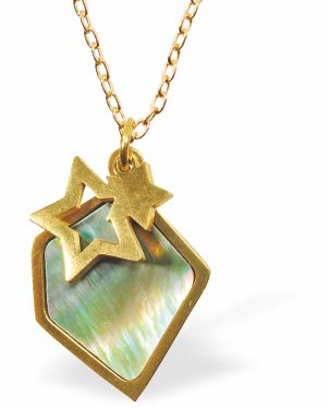 Paua Shell Firmament Necklace, Golden Framed Greeny Blue in Colour 20mm in size, Rhodium Plated  18" Golden Chain Hypoallergenic: Nickel, Lead and Cadmium Free  Delivered in a soft, black, velveteen pouch