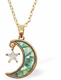 Paua Shell Moon and Star Necklace, Golden Framed Greeny Blue in Colour 20mm in size, Rhodium Plated  18" Golden Chain Hypoallergenic: Nickel, Lead and Cadmium Free  Delivered in a soft, black, velveteen pouch