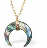 Paua Shell Crescent Moon Necklace, Golden Framed Greeny Blue in Colour 20mm in size, Rhodium Plated  18" Golden Chain Hypoallergenic: Nickel, Lead and Cadmium Free  Delivered in a soft, black, velveteen pouch