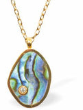 Paua Shell Delicate Drop Necklace, Golden Framed Greeny Blue in Colour with single crystal embellishment 15mm in size, Rhodium Plated  18" Golden Chain Hypoallergenic: Nickel, Lead and Cadmium Free  Delivered in a soft, black, velveteen pouch