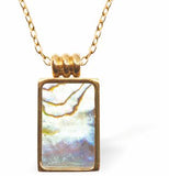 Paua Shell Rectangular Drop Necklace, Golden Framed Greeny Blue in Colour  15mm in size, Rhodium Plated 18" Rhodium Plated Golden Chain  Hypoallergenic: Nickel, Lead and Cadmium Free  Delivered in a soft, black, velveteen pouch