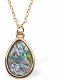 Paua Shell Peardrop Necklace, Golden Framed Greeny Blue in Colour with single crystal embellishment 18mm in size, Rhodium Plated 18" Rhodium Plated Golden Chain  Hypoallergenic: Nickel, Lead and Cadmium Free  Delivered in a soft, black, velveteen pouch