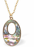 Paua Shell Hollow Oval Drop Necklace, Golden Framed Greeny Blue in Colour 35mm in size, Rhodium Plated 18" Rhodium Plated Golden Chain  Hypoallergenic: Nickel, Lead and Cadmium Free  Delivered in a soft, black, velveteen pouch