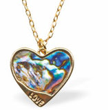 Paua Shell Loving Heart Necklace, Golden Framed Greeny Blue in Colour, LOVE embossed 18mm in size, Rhodium Plated 18" Rhodium Plated Golden Chain  Hypoallergenic: Nickel, Lead and Cadmium Free  See matching earrings PA810 Delivered in a soft, black, velveteen pouch