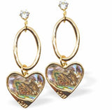 PA810 - Delicate Drop Paua Shell Heart Earrings, Rhodium Plated, Golden Framed