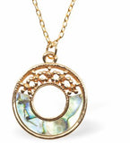 Paua Shell Hollow Filigree Circular Necklace, Golden Framed Greeny Blue in Colour 20mm in size,  Rhodium Plated 18" golden rhodium plated chain Hypoallergenic: Nickel, Lead and Cadmium Free  Delivered in a soft, black, velveteen pouch