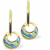 Round Paua Shell Drop Earrings on Hoops  Golden Framed, Greeny Blue in Colour 12mm in size,  Rhodium Plated Hypoallergenic: Nickel, Lead and Cadmium Free Delivered in a soft, black, velveteen pouch