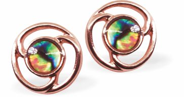 Paua Shell Twirl Earrings Golden coloured 15mm in size,  Rhodium Plated Hypoallergenic: Nickel, Lead and Cadmium Free Delivered in a soft, black, velveteen pouch