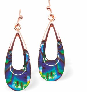 Paua Shell Doubledrop Earrings Golden coloured 40mm in size,  Rhodium Plated Hypoallergenic: Nickel, Lead and Cadmium Free See matching earrings PA866 Delivered in a soft, black, velveteen pouch