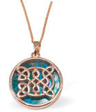 Rose Gold Paua Shell Necklace with Circular with Celtic Knot Image Hypoallergenic: Rhodium Plated, Nickel, Lead and Cadmium Free 20mm in size, with 18" chain Colour: Gold Coloured with Greeny Blue Paua Shell See matching earrings PA873 Delivered in a soft, black, velveteen pouch