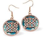 Rose Gold Paua Shell Earrings with Circular with Celtic Knot Image Hypoallergenic: Rhodium Plated, Nickel, Lead and Cadmium Free 20mm in size Colour: Gold Coloured with Greeny Blue Paua Shell See matching necklaces PA872 Delivered in a soft, black, velveteen pouch