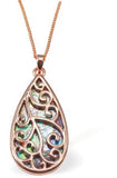 Rose Gold Coloured Necklace of Paua Shell, Celtic Peardrop Hypoallergenic: Rhodium Plated, Nickel, Lead and Cadmium Free 32mm in size, with 18" chain Colour: Gold Coloured with Greeny Blue Paua Shell See matching earrings PA875 Delivered in a soft, black, velveteen pouch