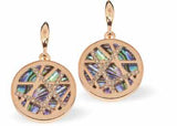 Bright Warm Rose Gold Paua Shell Encrusted Crystallized Round Drop Earrings by Byzantium.