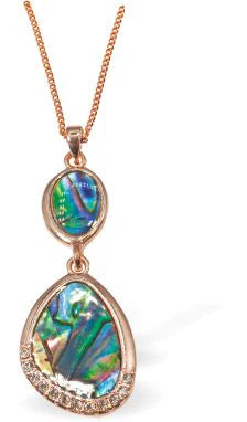 Rose Gold Coloured Necklace of Paua Shell, Celtic Peardrop Hypoallergenic: Rhodium Plated, Nickel, Lead and Cadmium Free 32mm in size, with 18" chain Colour: Gold Coloured with Greeny Blue Paua Shell See matching earrings PA875 Delivered in a soft, black, velveteen pouch