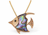 Bright Warm Rose Gold Coloured Paua Shell Encrusted Angel Fish Necklace by Byzantium.