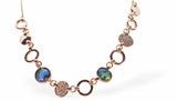 Bright Warm Rose Gold Coloured Paua Shell Embellished multi Circle Necklace by Byzantium. Crystal Encrusted