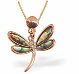 Bright Warm Rose Gold Coloured Paua Shell Embellished Dragonfly Necklace by Byzantium, Crystal Encrusted.