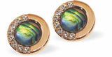 Bright Warm Rose Gold Coloured Paua Shell Encrusted Circular Stud Earrings by Byzantium.