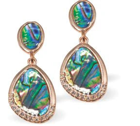Rose Gold Coloured Earrings of Paua Shell, Double Droplets Hypoallergenic: Rhodium Plated, Nickel, Lead and Cadmium Free 30mm in size Colour: Gold Coloured with Greeny Blue Paua Shell See matching necklace PA876 Delivered in a soft, black, velveteen pouch