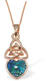 Rose Gold Coloured Necklace of Paua Shell, Celtic Heart Hypoallergenic: Rhodium Plated, Nickel, Lead and Cadmium Free 20mm in size, with 18" chain Colour: Gold Coloured with Greeny Blue Paua Shell See matching earrings PA879 Delivered in a soft, black, velveteen pouch