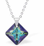 Austrian Crystal Cute Special Cut Oblique Square Necklace in Bermuda Blue with a Choice of Chains