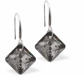 Austrian Crystal Multi Faceted Oblique Square Drop Earrings in Silver Night Grey