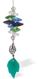 Crystal Suncatcher, Multi Faceted with a Fern Green Crystal Leaf Drop