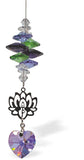 Sparkling Multi Faceted Crystal Suncatcher  Featuring a Large Purple Crystal Heart Drop Rhodium Plated Ornate Lotus Blossom Link Drop: 21cm from hanging loop to bottom (Approximate) Hang in the window or near a light source for full effect Delivered in a soft, black, velveteen pouch  