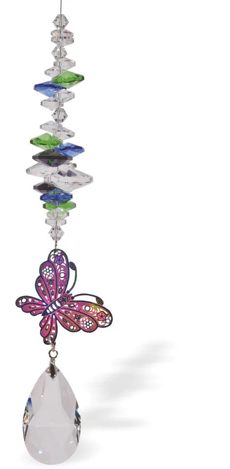 Sparkling Multi Faceted Crystal Suncatcher  Featuring a Large Crystal Teardrop Drop Rhodium Plated Ornate Butterfly Link Drop: 29cm from hanging loop to bottom (Approximate) Hang in the window or near a light source for full effect Delivered in a soft, black, velveteen pouch