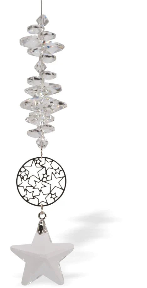 Sparkling Multi Faceted Crystal Suncatcher  Featuring a Large Crystal Star Drop Rhodium Plated Ornate Star Filled Circular Link Drop: 29cm from hanging loop to bottom (Approximate) Hang in the window or near a light source for full effect Delivered in a soft, black, velveteen pouch