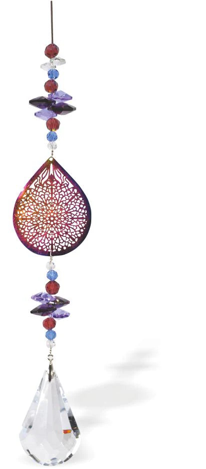 Sparkling Multi Faceted Crystal Suncatcher  Featuring a Large Crystal Large Round Drop Rhodium Plated Oriental Droplet Link Drop: 36cm from hanging loop to bottom (Approximate) Hang in the window or near a light source for full effect Delivered in a soft, black, velveteen pouch