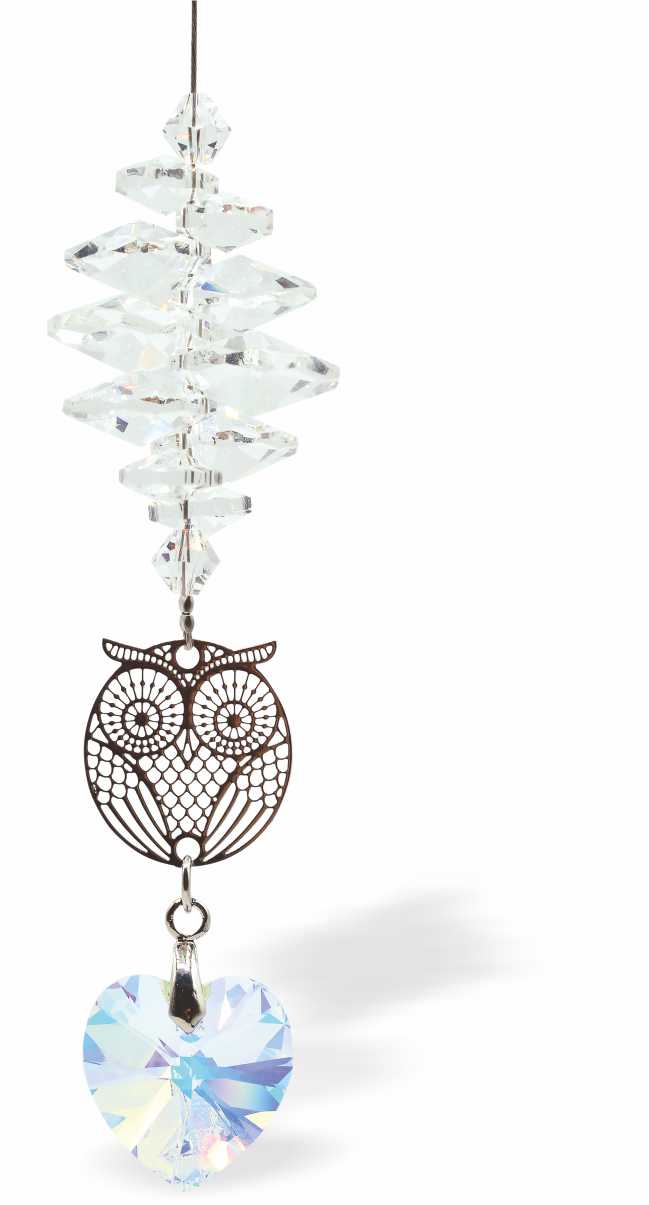 Sparkling Crystal Suncatcher by Byzantium with Multi Faceted Crystal completed with a Large Aurora Borealis Heart Drop and Cute Owl Embellishment