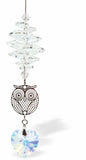 Crystal Suncatcher, Multi Faceted Crystal with a Large Aurora Borealis Heart Drop and Owl Embellishment