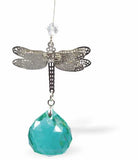 Crystal Suncatcher with a Fern Green Multi Faceted Crystal Sphere and a Rhodium Plated Dragonfly