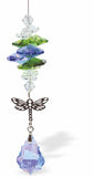 Crystal Suncatcher, Multi-faceted Crystals in Blues and Greens and Sapphire Blue Baroque Drop and Dragonfly