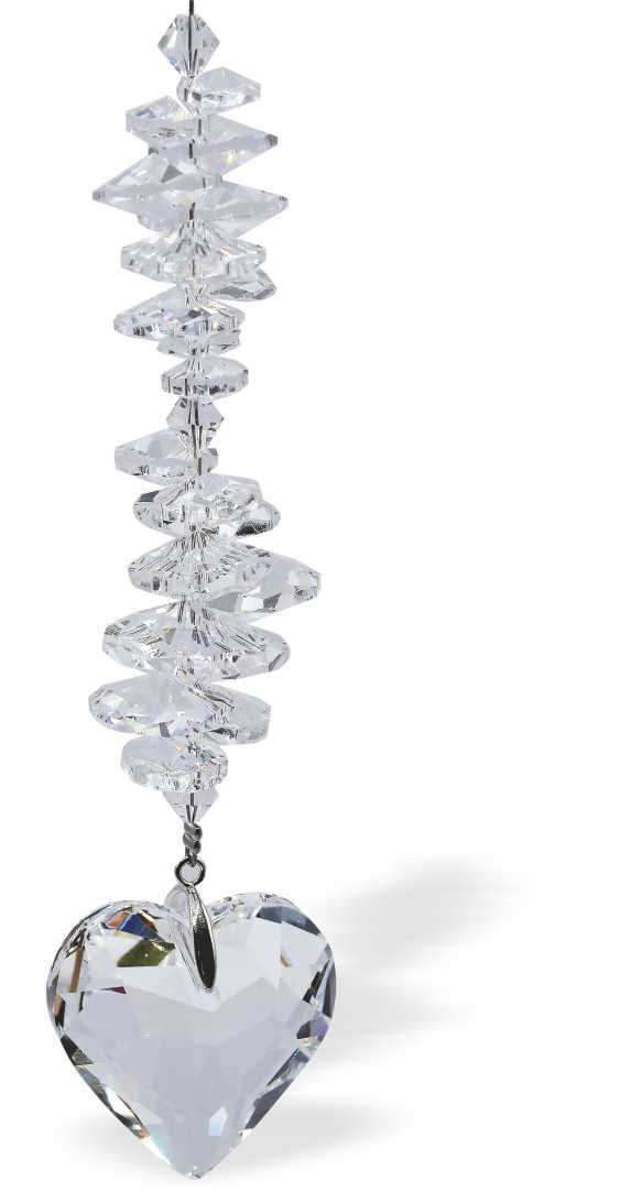 Crystal Suncatcher, with Multi Faceted Crystals and Large Clear Crystal Faceted Heart Drop