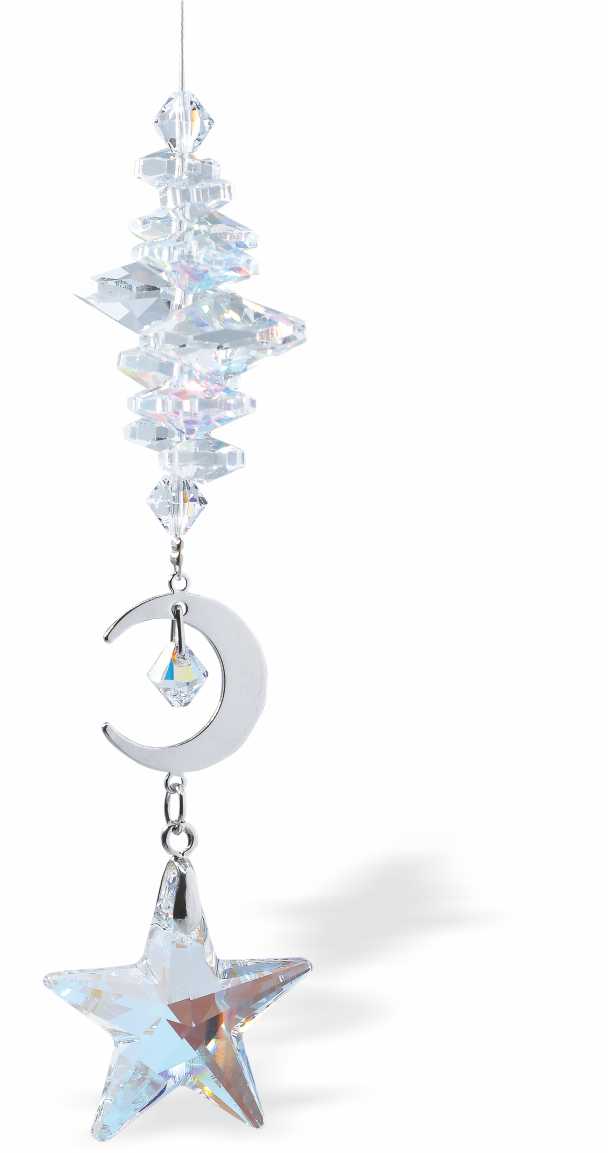 Austrian Crystal Suncatcher, Multi-faceted Crystals with Star Crystal Drop and Rhodium Plated Crescent Moon Link