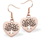 Tree of Life Heart Drop Earrings Rose Gold Coloured Coloured Titanium Steel 12mm drop Hypoallergenic: Nickel, Lead and Cadmium Free  Delivered in a soft, black, velveteen pouch