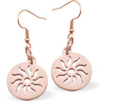 Circular Sun Drop Earrings Rose Gold Coloured Coloured Titanium Steel 12mm drop Hypoallergenic: Nickel, Lead and Cadmium Free  Delivered in a soft, black, velveteen pouch