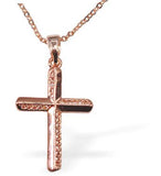 Cross Necklace Rose Gold Coloured Titanium Steel 22mm drop Hypoallergenic: Nickel, Lead and Cadmium Free  Delivered in a soft, black, velveteen pouch