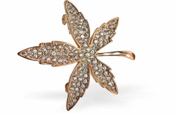 Warm Rose Gold Coloured Leaf Brooch with Crystal Embellishment by Byzantium. Hypoallergenic: Rhodium Plated, Nickel, Lead and Cadmium Free
