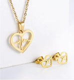 Artisan Beating Heart Necklace in Golden Titanium Steel with Matching Stud Earrings