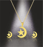 Artisan Moon & Star Necklace Included: Matching Stud Earrings All in Golden Titanium Steel 15mm drop Hypoallergenic: Nickel, Lead and Cadmium Free  Delivered in a soft, black, velveteen pouch