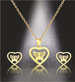 Artisan Heart Framed Butterfly Necklace in Golden Titanium Steel with Matching Stud Earrings