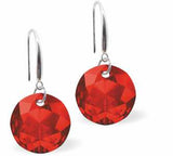 Austrian Crystal Multi Faceted Round Drop Earrings in Siam Red. Birthstone: July